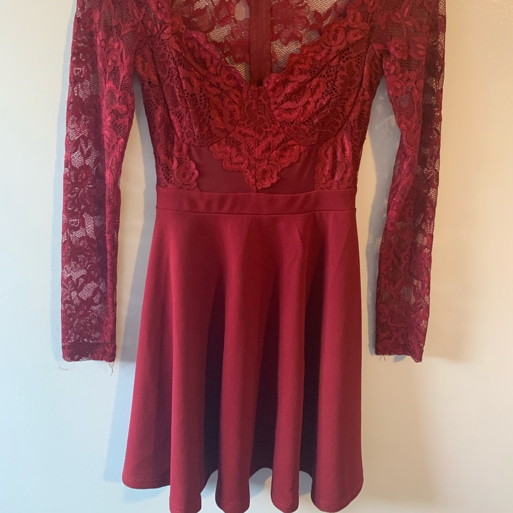 Burgundy Long sleeve Lace Mini dress